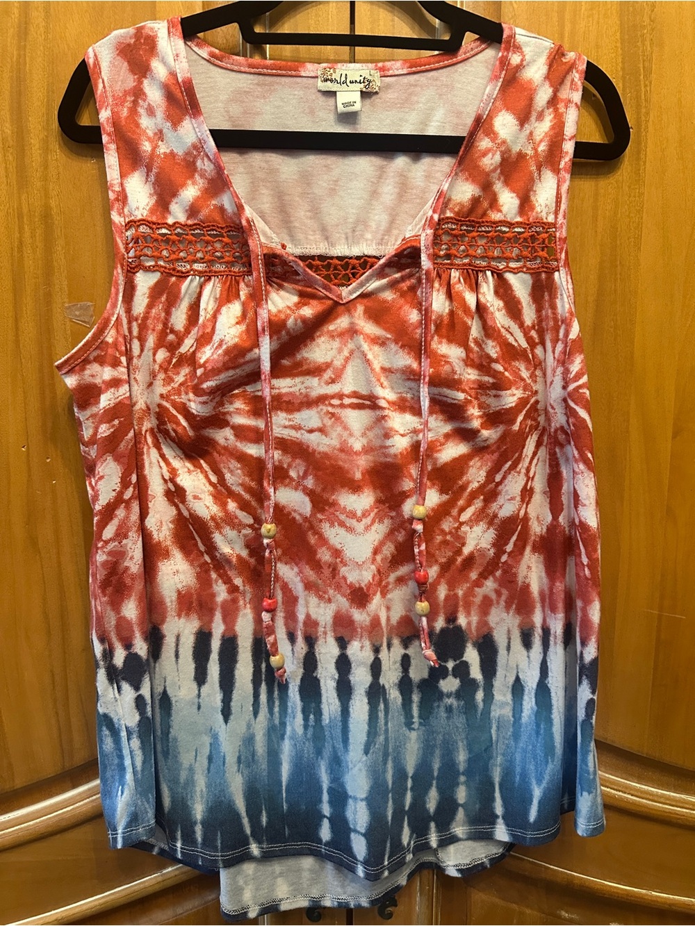Tie-Dye Crochet Yoke Tank Top - Red & Blue by Daniel Rainn
